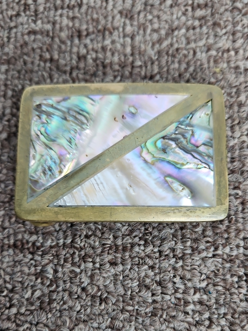 Vintage Solid Brass Abalone Shell Belt Buckle 3" x 2"